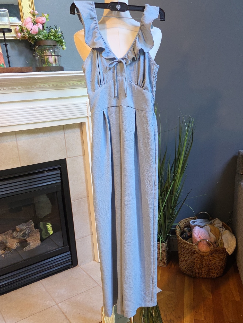 Monteau Light Blue Ruffle-Shoulder Wide-Leg Jumpsuit